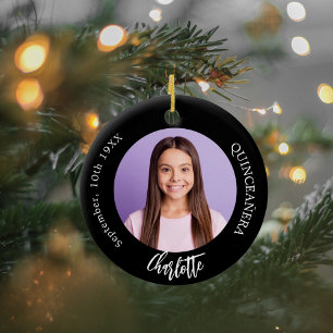 Black white custom photo Quinceanera Ceramic Ornament