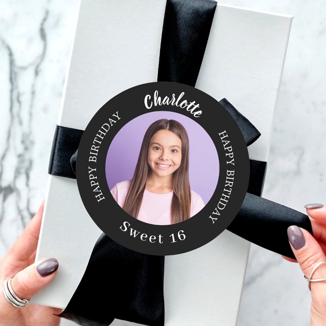 Black white custom photo Sweet 16 Classic Round Sticker (Creator Uploaded)