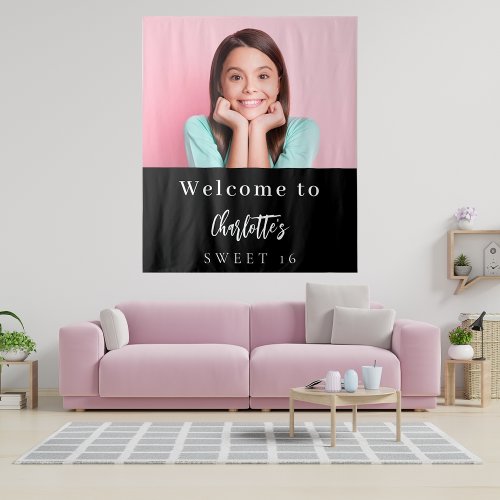 Black white custom photo Sweet 16 party welcome Tapestry
