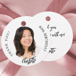 Black white custom photo thank you birthday favor tags<br><div class="desc">A classic white background,  black text. Text: Happy birthday (x2) Personalize and add a name,  age and photo.
Back: add your thank you note.</div>
