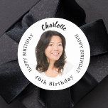 Black white custom photo woman birthday classic round sticker<br><div class="desc">A classic white background,  black text. Text: Happy birthday (x2) Personalize and add a name,  age and photo.</div>