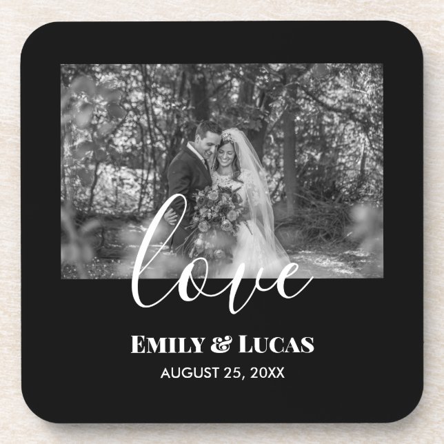 Black White Custom Wedding Photo Simple Elegant Beverage Coaster (Front)