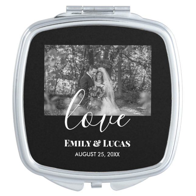 Black White Custom Wedding Photo Simple Elegant Compact Mirror (Front)