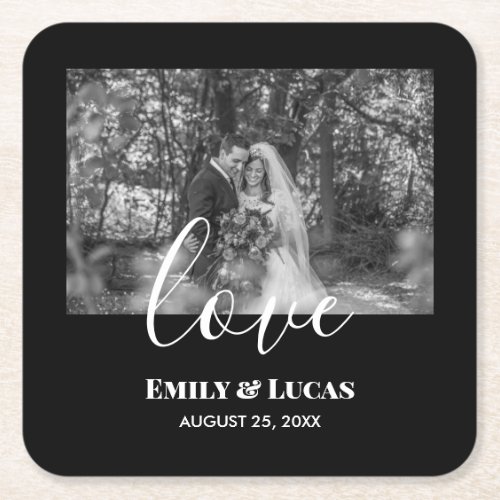 Black White Custom Wedding Photo Simple Elegant Square Paper Coaster