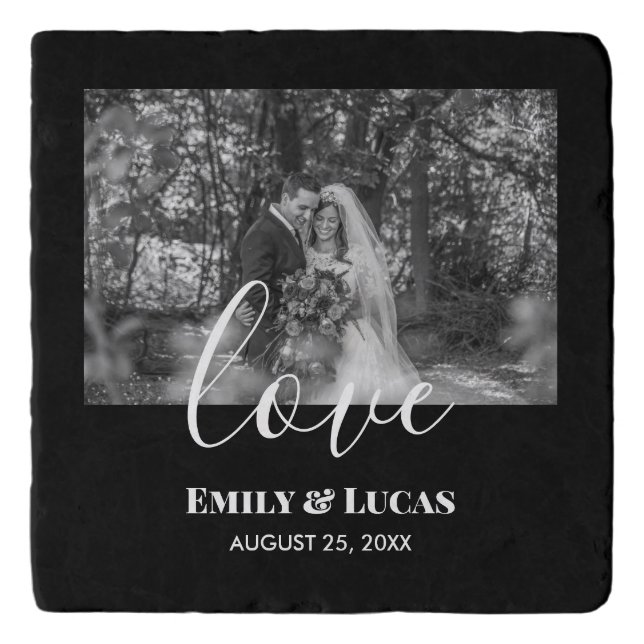 Black White Custom Wedding Photo Simple Elegant Trivet (Front)