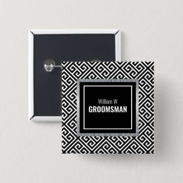 Black & white customizable groomsman name button (Front & Back)