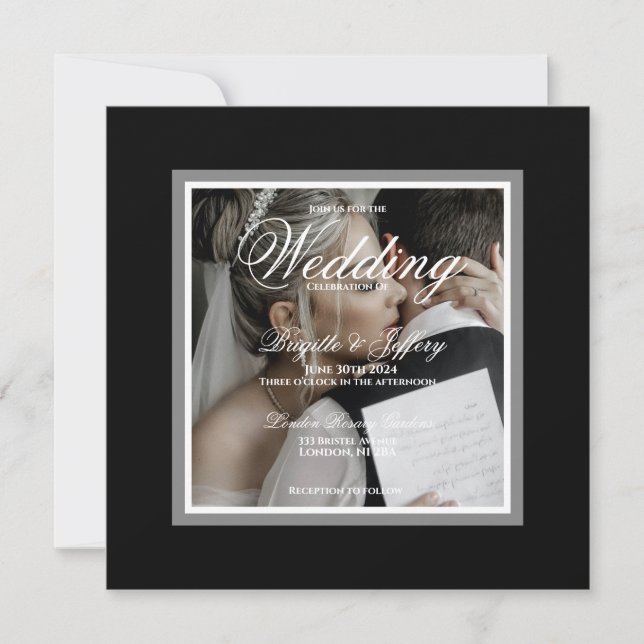 Black & white customizable wedding photo invitation (Front)