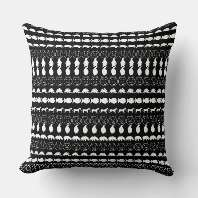 Black White Cute Animals Pattern Throw Pillow (Front)