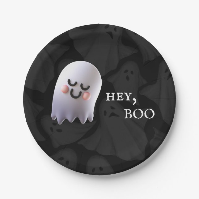 Black & White Cute Boo Halloween  Paper Plates (Front)