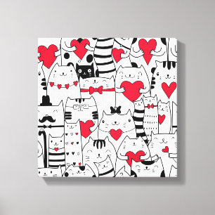Black White Cute Cat Red Heart Canvas Print