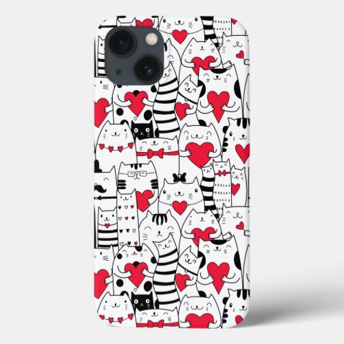 Black White Cute Cat Red Heart iPhone 13 Case