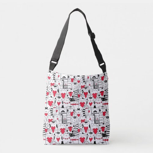 Black White Cute Cat Red Heart Crossbody Bag
