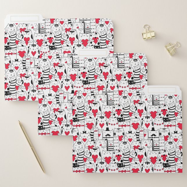 Black White Cute Cat Red Heart File Folder (Set)