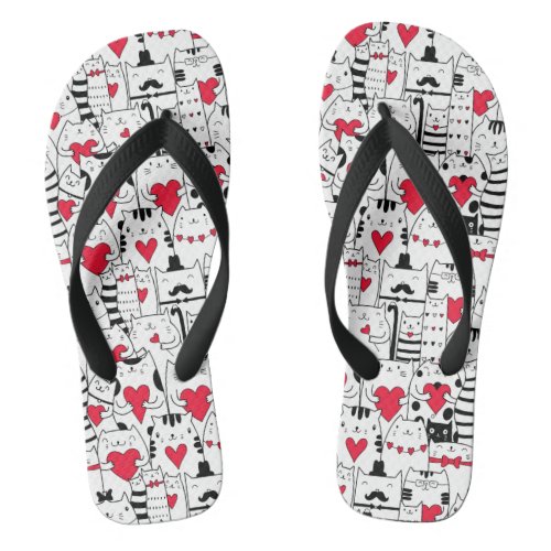 Black White Cute Cat Red Heart Flip Flops