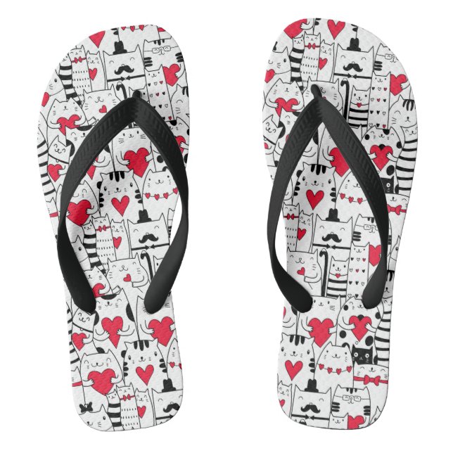 Black White Cute Cat Red Heart Flip Flops (Footbed)