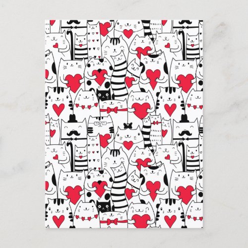 Black White Cute Cat Red Heart Holiday Postcard