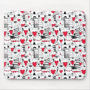Black White Cute Cat Red Heart Mouse Pad