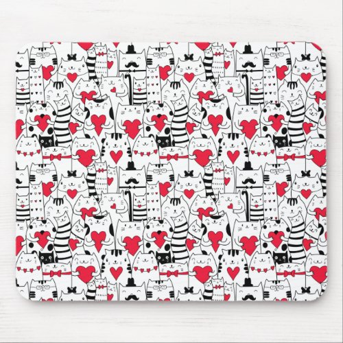 Black White Cute Cat Red Heart Mouse Pad