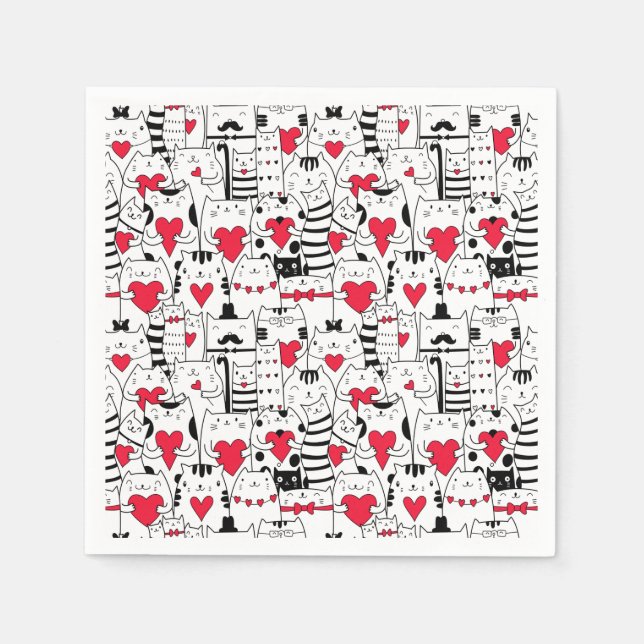 Black White Cute Cat Red Heart Napkins (Front)