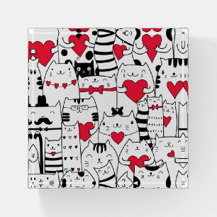 Black White Cute Cat Red Heart Paperweight