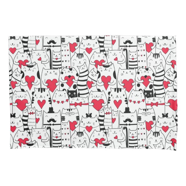 Black White Cute Cat Red Heart Pillow Case (Front)