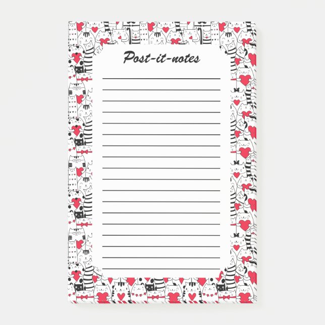 Black White Cute Cat Red Heart Post-it Notes (Front)
