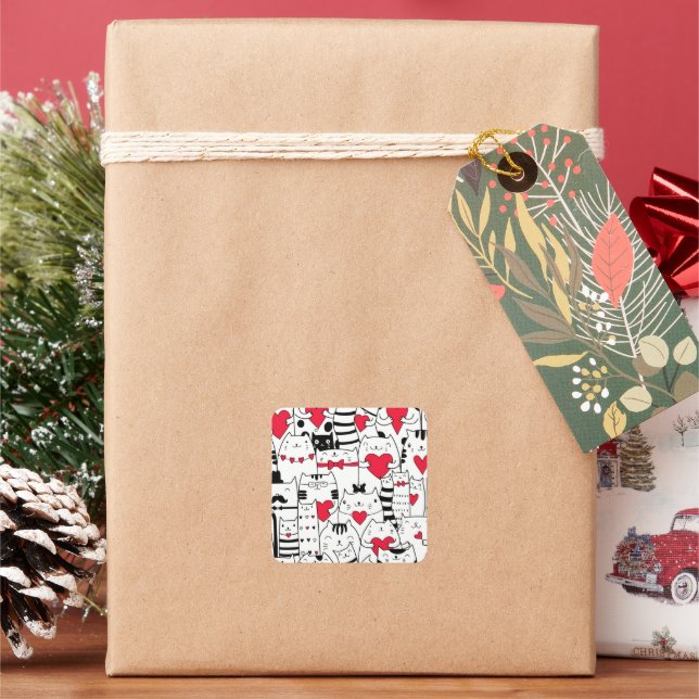 Black White Cute Cat Red Heart Square Sticker (Holiday)