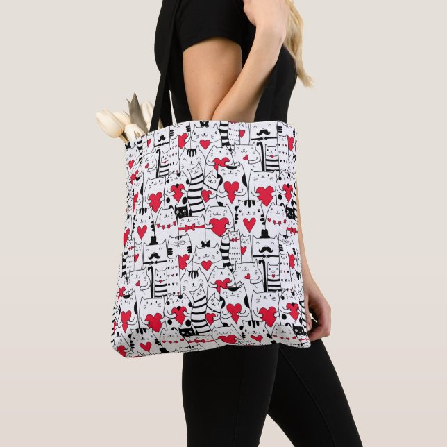 Black White Cute Cat Red Heart Tote Bag (Close Up)