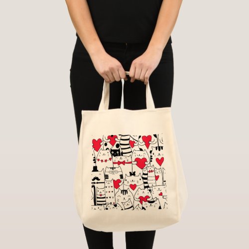Black White Cute Cat Red Heart Tote Bag
