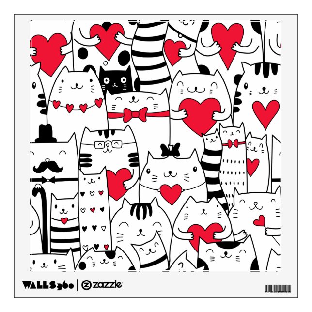 Black White Cute Cat Red Heart Wall Decal (Front)