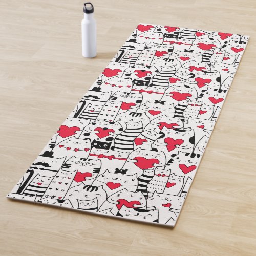 Black White Cute Cat Red Heart Yoga Mat