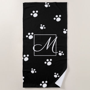 Black & White Cute Dog Paw Print Pattern Monogram Beach Towel