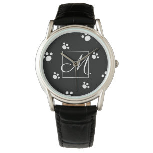 Black & White Cute Dog Paw Print Pattern Monogram Watch