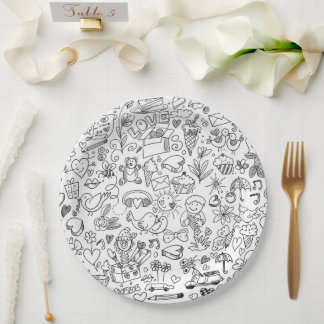 Black & White Cute Doodle Paper Plates