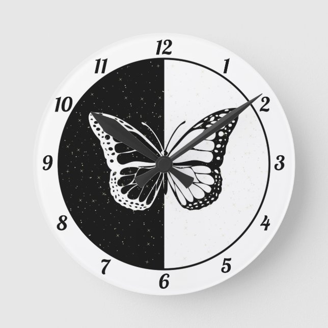Black White Cute Elegant Classy Butterfly Girly Round Clock (Front)