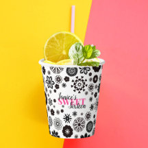 Black White Cute Floral Sweet 16 Personalized Name