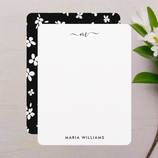 Black White Cute Flowers Monogram Typography Note Card (Creator Uploaded)