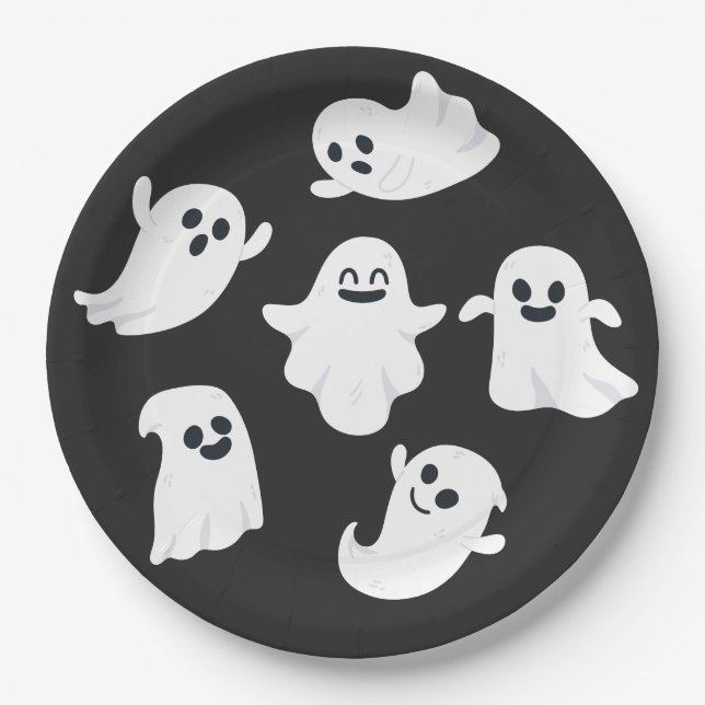 Black & White Cute Ghost Halloween Party  Paper Plates (Front)