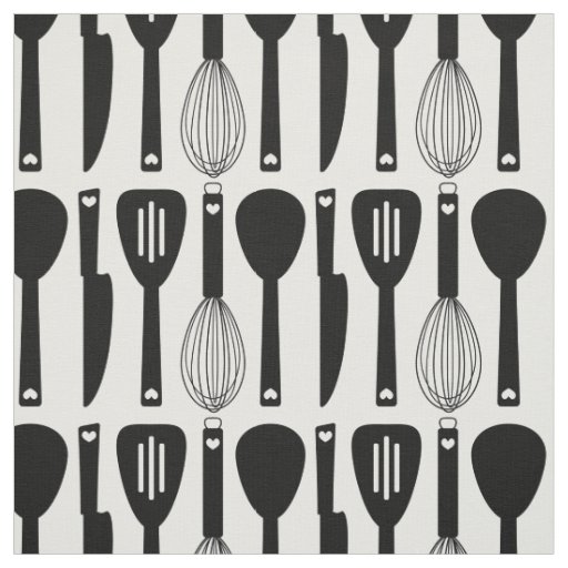 Black White Cute Kitchen Utensils Pattern Fabric