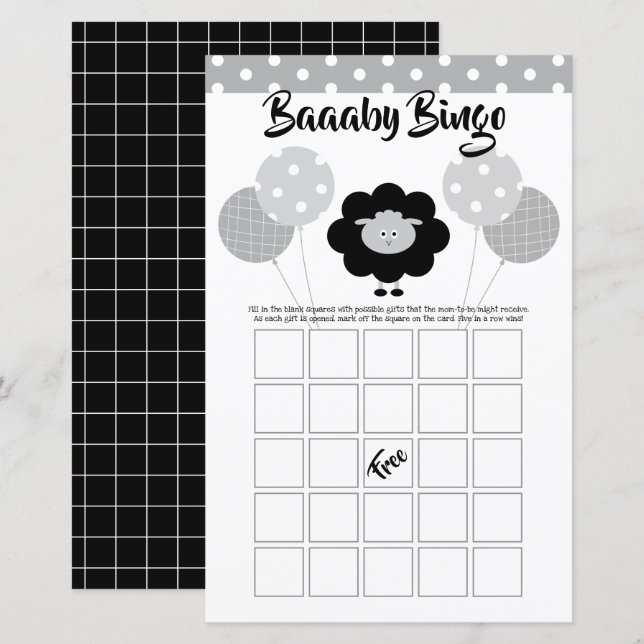Black White Cute Lamb Baby Shower Bingo Game Card (Front/Back)