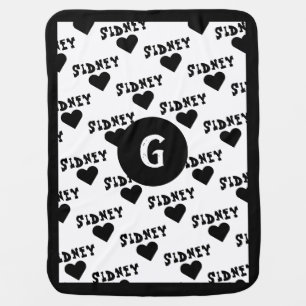 Black White Cute Monogram Personalized Name Boy Baby Blanket