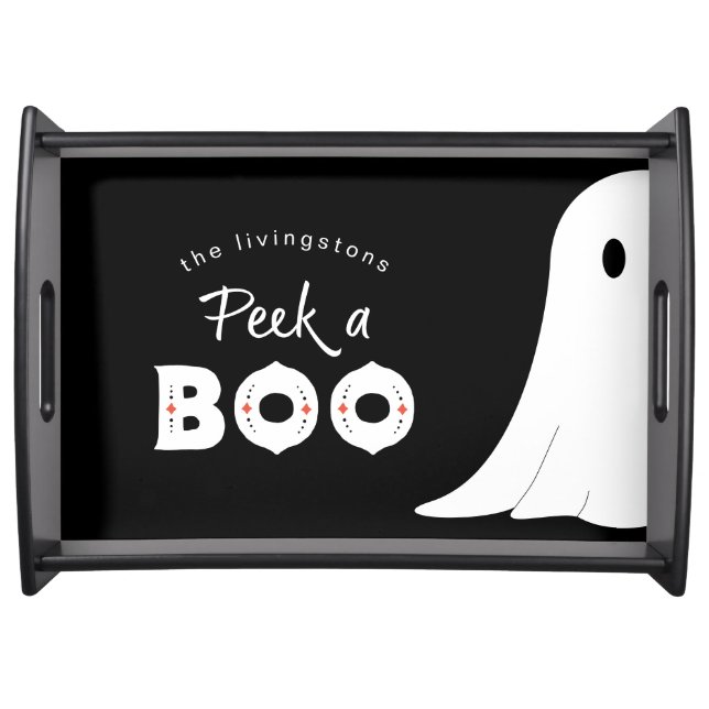 Black White Cute Peek a Boo Ghost Halloween Serving Tray (Front)