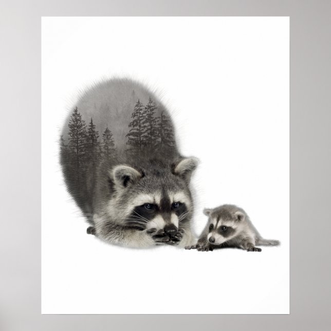Black White Cute Raccoon with Baby  Poster (Front)
