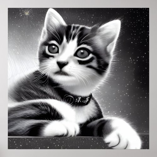 Black  White Cute Retro Kitten Poster