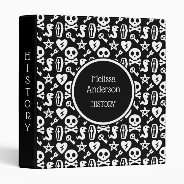 Black & White Cute Skull Goth Horror Pattern Name Binder (Front/Spine)