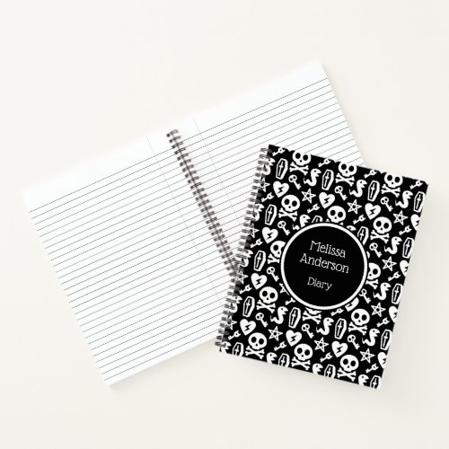 Black  White Cute Skull Goth Horror Pattern Name Notebook