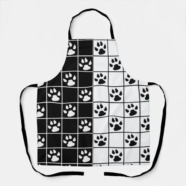 Black White Cute Windowpane Paw Plaid Apron (Front)