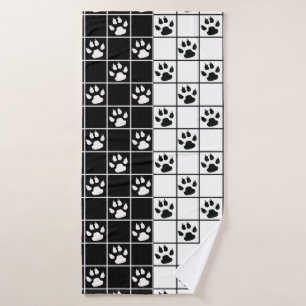 Black White Cute Windowpane Paw Plaid Bath Towel