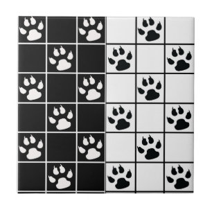 Black White Cute Windowpane Paw Plaid Ceramic Tile