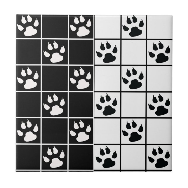 Black White Cute Windowpane Paw Plaid Ceramic Tile (Front)